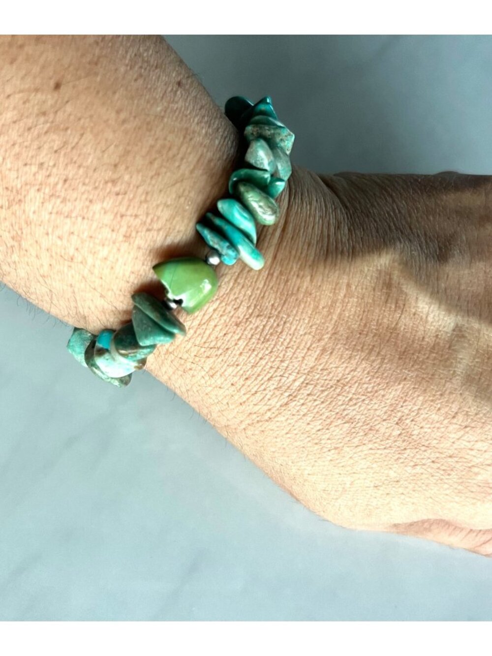 Turquoise & Green Stone Chip Beaded Stretch Bracelet
